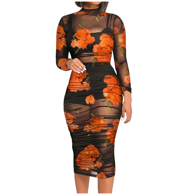 Mikilon Robes d'Été pour Femmes Ensemble Jupe Sexy Manches Courtes Robe en Maille Imprimée Serrée Plus Petit Gilet Plus Jupe Ensemble Trois Pièces Gilet à Manches Longues Sexy Jupe Courte Ajouter Robe en Maille Orange S