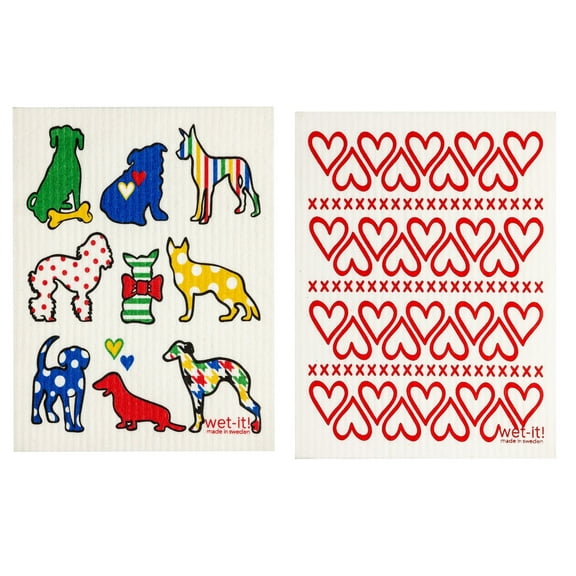 Wet-It! Swedish Treasures Dishcloth & Cleaning Cloth - Set of 2 - Dog Lover & Hearts - (Paper Towel Replacement)