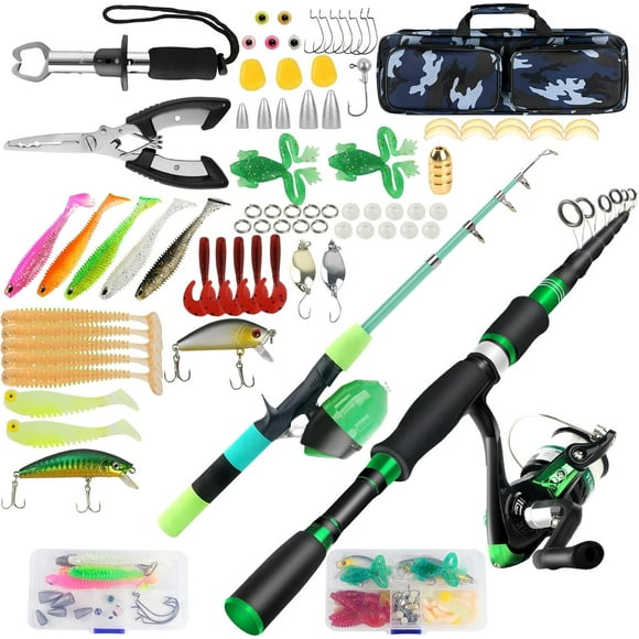 Family Fishing Pole Combo, 2PCS Portable Parent-Child Travel Fishing Kit, 6.89FT 4.92FT Telescopic Fishing Rod Spinning Reel Spincast Reel Baits Pliers Fish Lip Gripper Gift for Adults Kids Youth