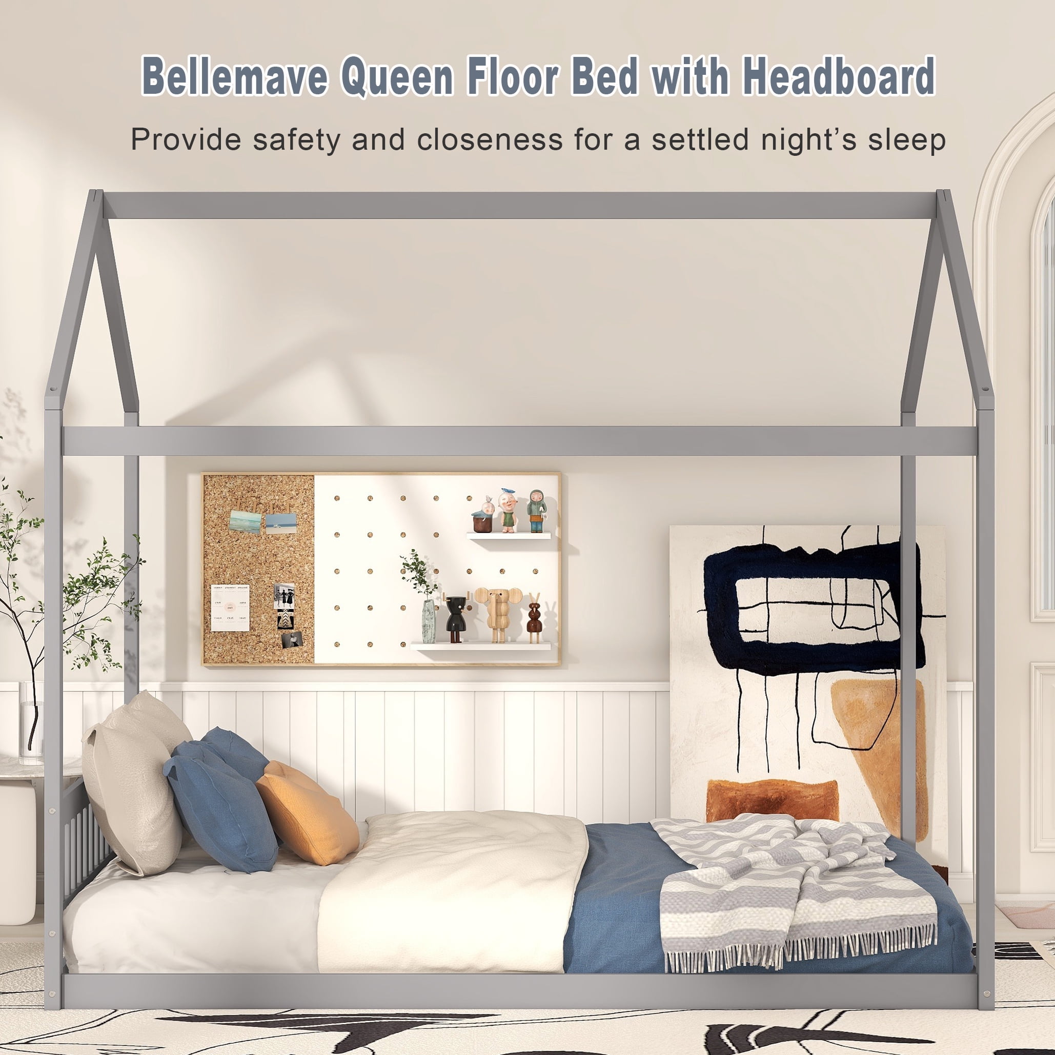 Bellemave Queen Size House Bed,Wood Montessori Floor Beds with Headboard for Toddler/Kids/Boys/Girls, No Box Spring Needed (Gray)