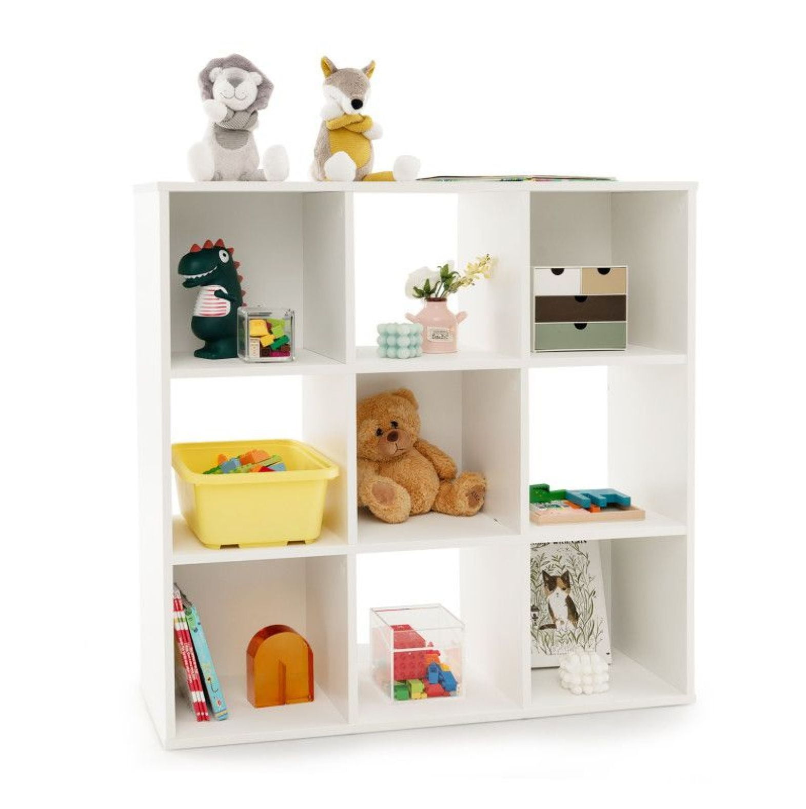 Kids Bookcase with Storage Cubbies, White 9-Cube Organizer, Anti-Toppling & Child-Friendly Design for Toys, Books, Clothes - Bedroom, Living Room, Kindergarten