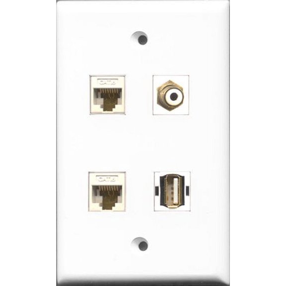 RiteAV 1 Port RCA White and 1 Port USB A-A 2 Port Cat6 Ethernet White Wall Plate