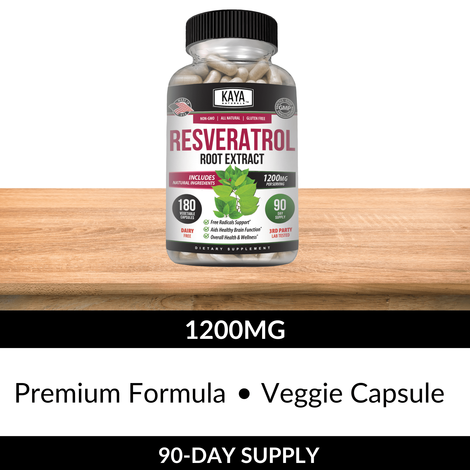 Kaya Naturals - Resveratrol Capsules - Anti Aging Supplement - Antioxidants with Brain Support - Maximum Benefits - 180 Veggies Capsules
