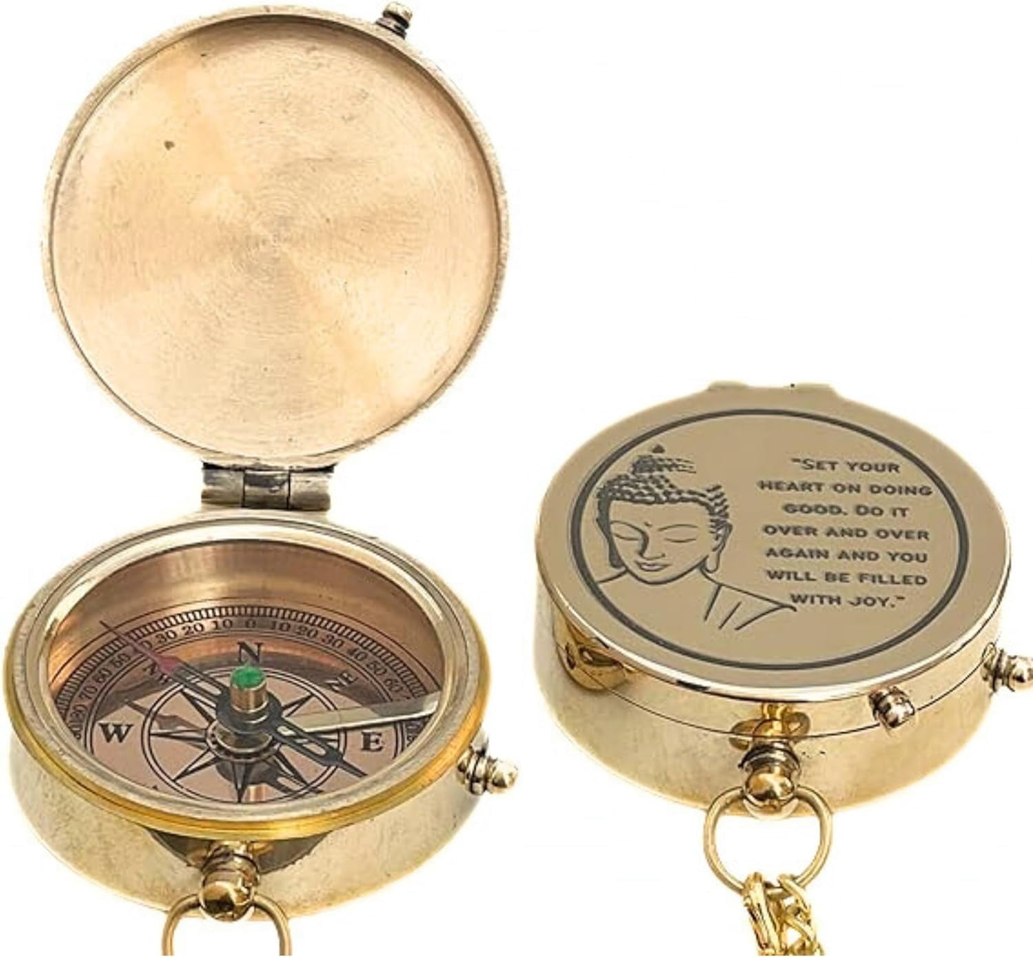 Handmade Shiny Brass Open Pocket Compass Buddha Saying Engraved Magnetic Vintage Compass Devine Love