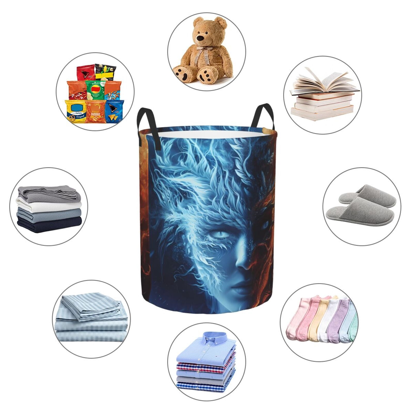 Large Laundry Basket with Handles - Red and Blue Fire Women Kids Baby Dirty Clothes Laundry Hamper for Bedroom Aesthetic