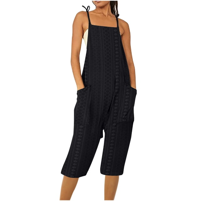AherBiu Boho Jumpsuits for Women Eyelet Spaghetti Strap Rompers Beach Wear Baggy Overalls with Pockets
