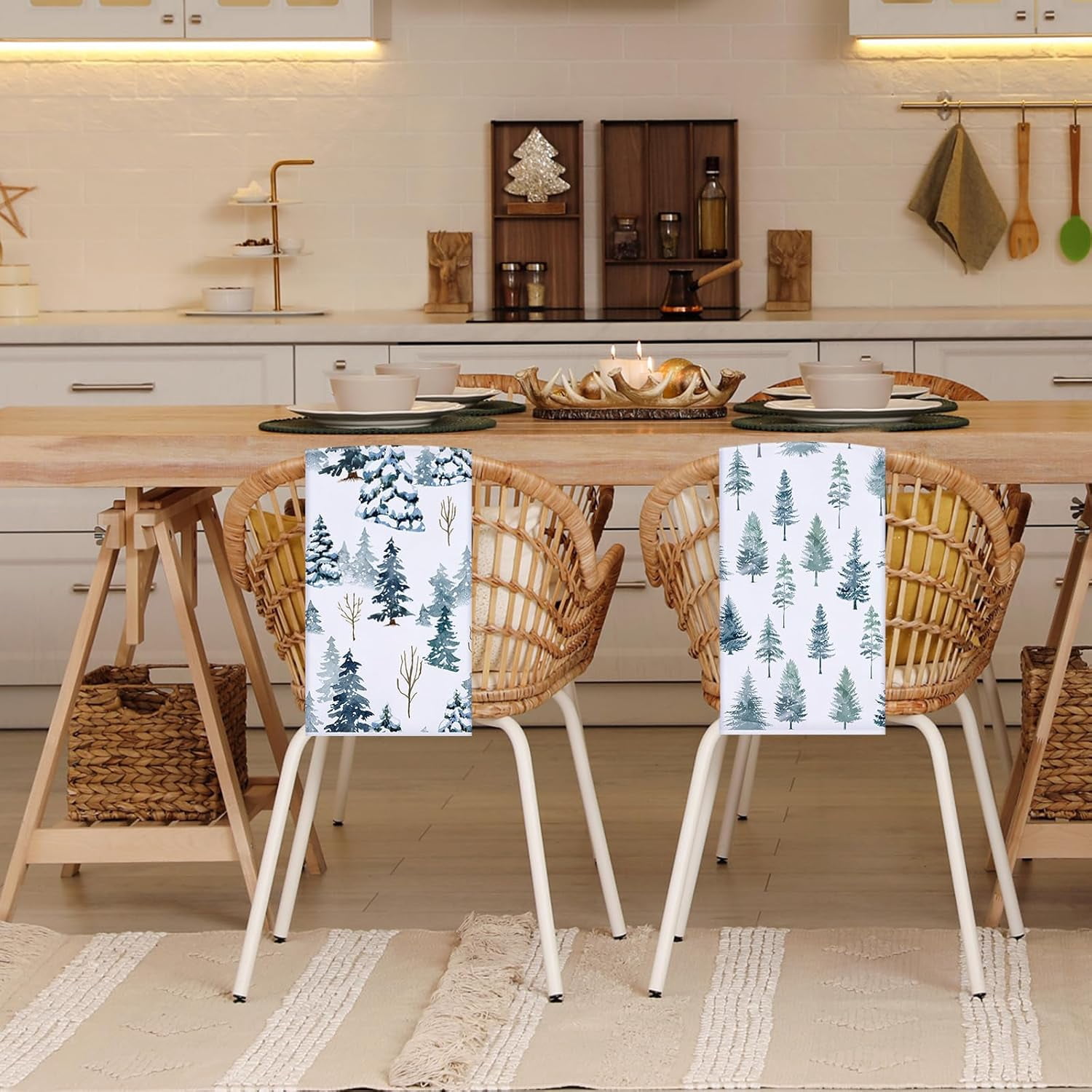 pogooe 6 Pcs Christmas Kitchen Towels Hello Winter Tea Towels Pine Trees Reindeer Dish Towels Woodland Dish Cloths Snow Home Decoration for Winter Housewarming Cooking Bathroom Gift, 18 x 26''''