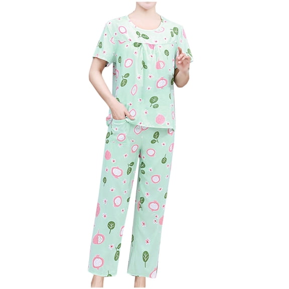 Tnhcen Women's Fashion Cute Print Short Sleeve Crewneck Wrinkled Loungewear Set | XL-4XL | Soft Cotton Sleepwear