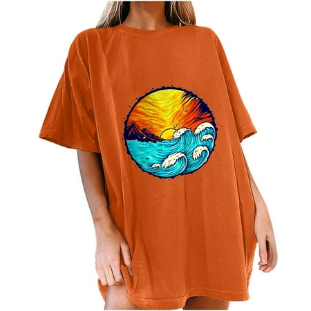 

Summer Blouses for Women 2023 Women s Short Sleeve Summer Beach Printed Casual Top Pullover T-shirt Round-Neck Maternity Blouses Orange L