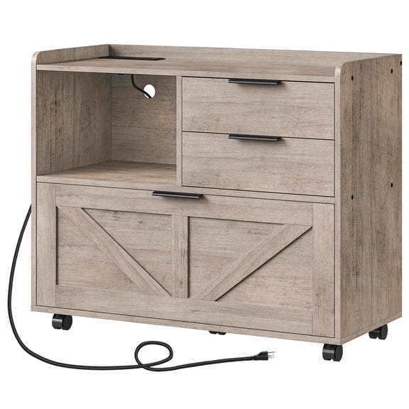 HOOBRO Lateral File Cabinet Farmhouse Style with Charging Station, Printer Stand, Rolling, Gray, for A4 Letter Legal Files