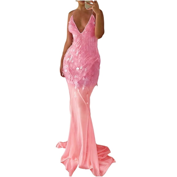 Htigea Women's Sequin Prom Dresses Spaghetti Straps V Neck Floor Length Dresses Crisscross Backless Evening Party Gown Pink S