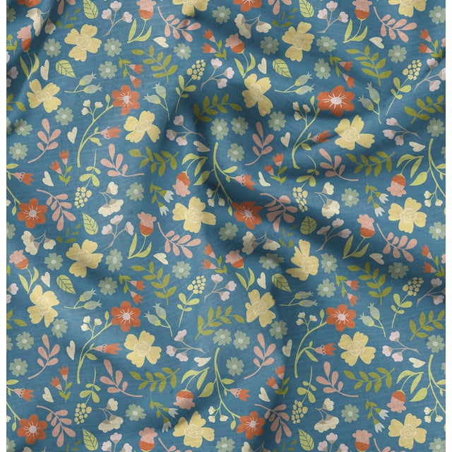 Soimoi Blue polyester Crepe Fabric Leaf Floral Fabric Prints By Yard 52 Inch Wide