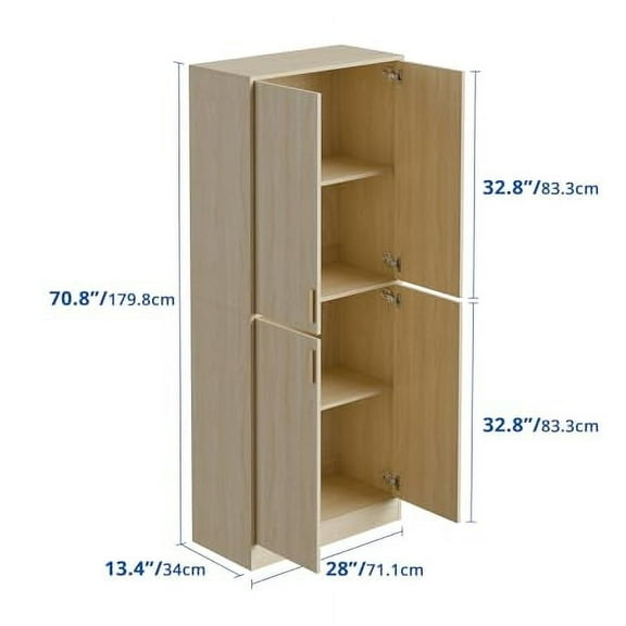 Cozy Castle Kitchen Pantry Cabinet, 71" Tall Wood Storage Cabinet with Doors and Shelves 4 Doors Freestanding Cupboard Utility Hutch for Dining Room Living Room Bathroom Furniture, Oak
