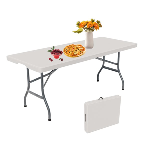 Folding Picnic Table, 6FT Portable Foldable Tables for Party BBQ, Metal Legs, HDPE, White Outdoor Indoor Camping Table with Handle, No Assembly