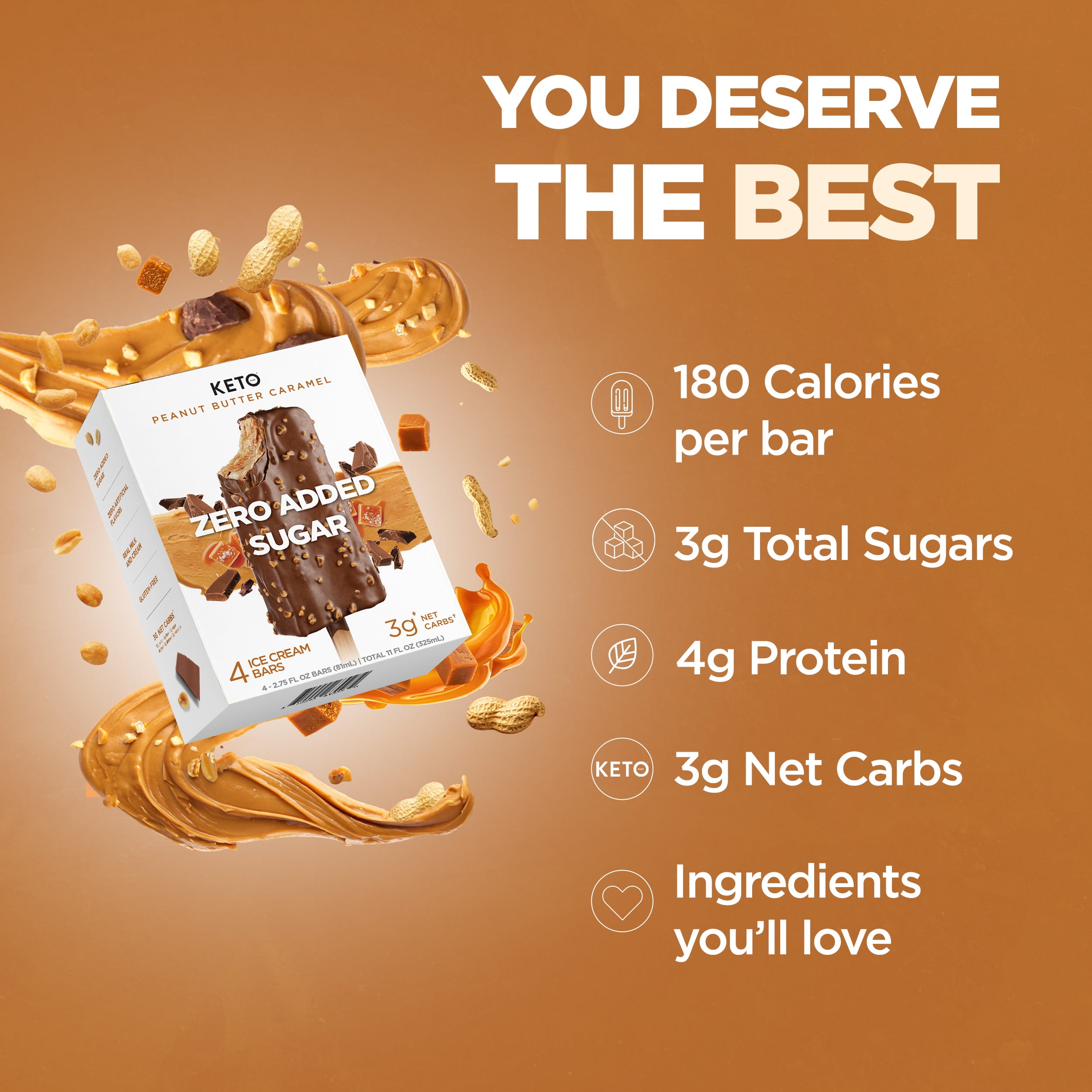 (3 pack) Keto Pint Peanut Butter Crunch Ice Cream Bars, No Added Sugar, 2.75 fl oz, 4 Count