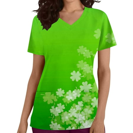 

YWDJ St Patrick s Day Scrub Tops for Women Trendy Graphic Tee Clover Print with V Neck Short Sleeve Army Green XXL