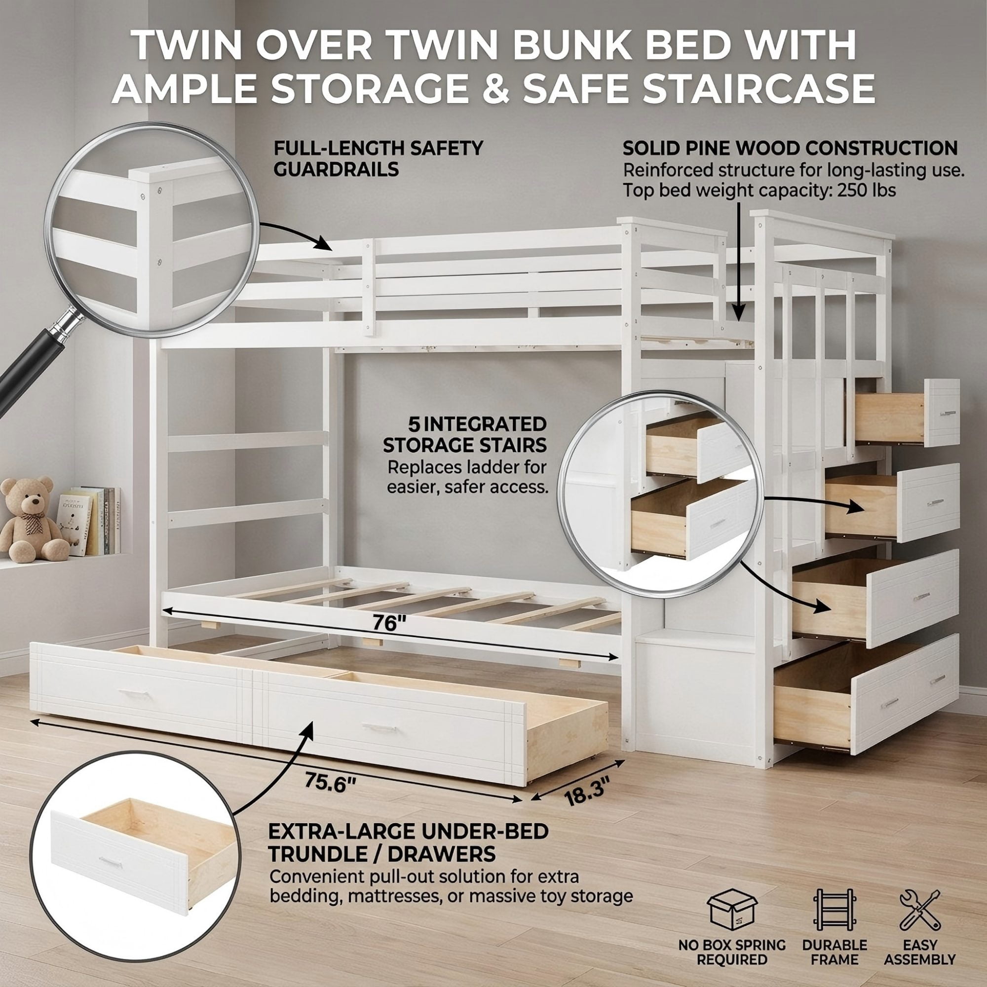 Aukfa Twin over Twin Bunk Bed with 7 Storage Drawers, Wood Bunk Bed with Staircase, Space Saving Design for Kids Bedroom, White