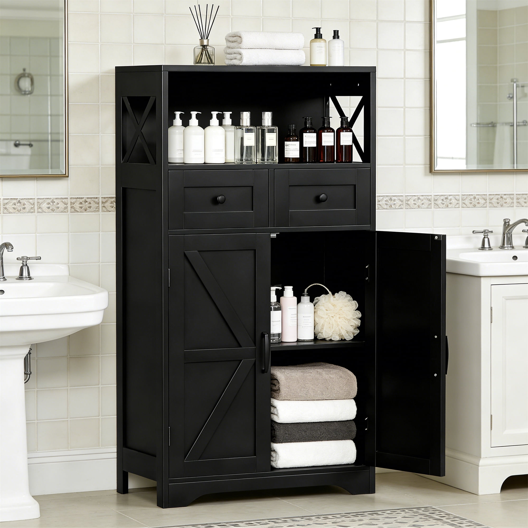 Farmhouse Storage Cabinet, Bathroom Floor Cabinet Kitchen Pantry with Doors and Drawers, Hutch Cupboard for Living Room, Bedroom, Laundry, Black