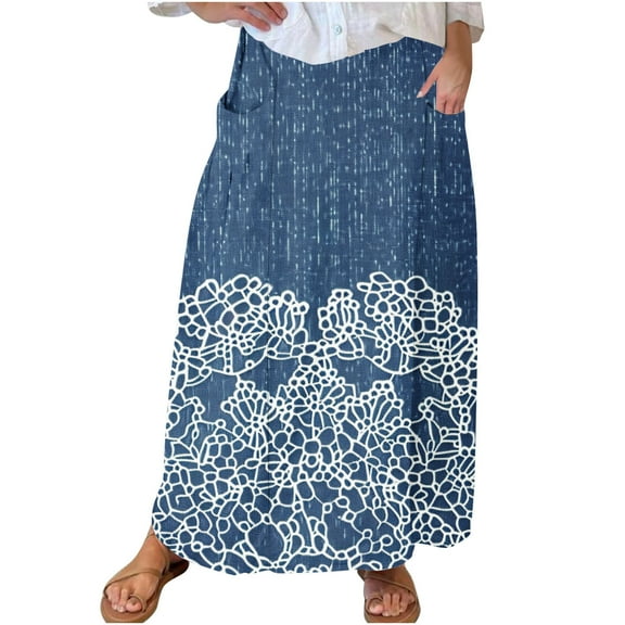 Daiosportswear Women'S Denim Print Elastic Waist Belt Pleated Pocket Midi Skirt,Maxi Skirt Dark Blue 4(S)