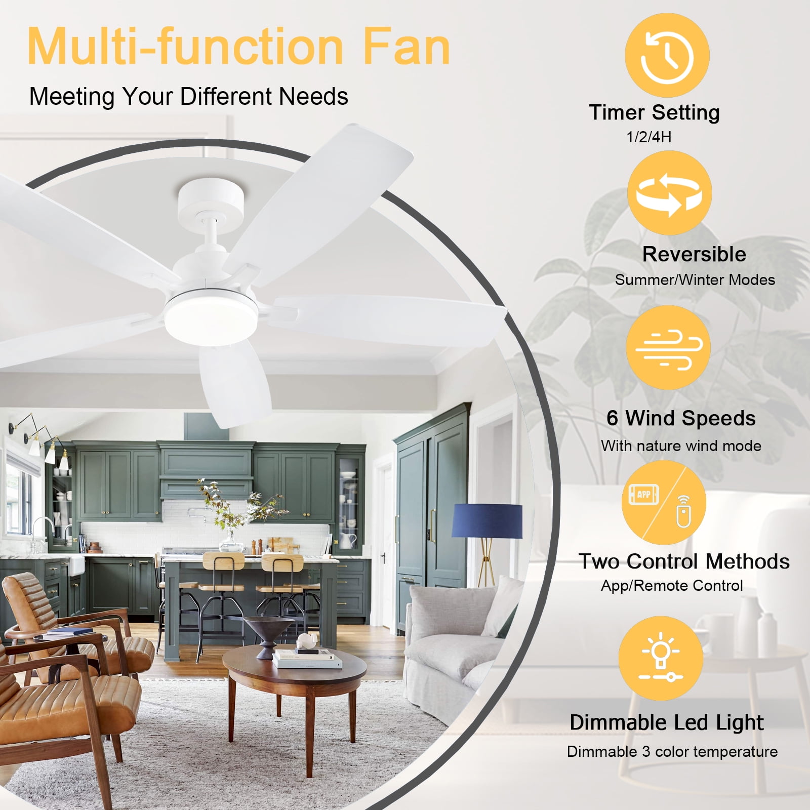 Low Profile Ceiling Fan with Lights, 52 inch Modern White Ceiling Fans with Lights APP/Remote Control,6 Speeds Ceiling Fan Light for Indoor/Outdoor Patio Bedroom Living Room
