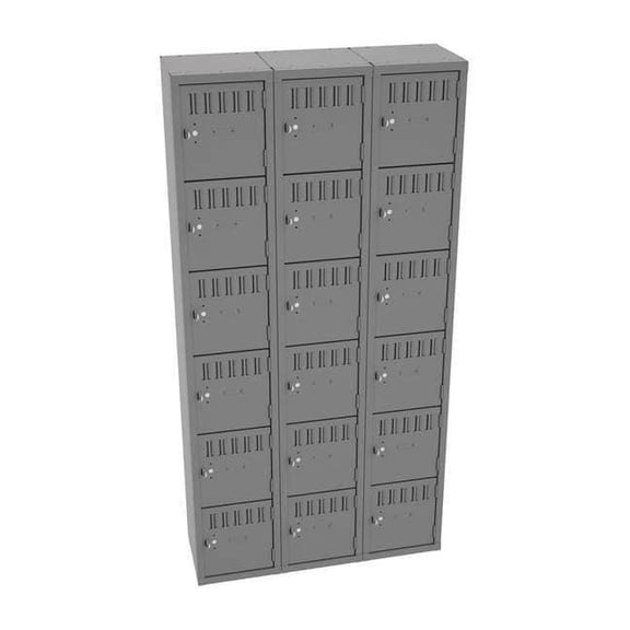 Box Locker, 36 in W, 12 in D, 72 in H, (3) Wide, (6) Tier, Gray