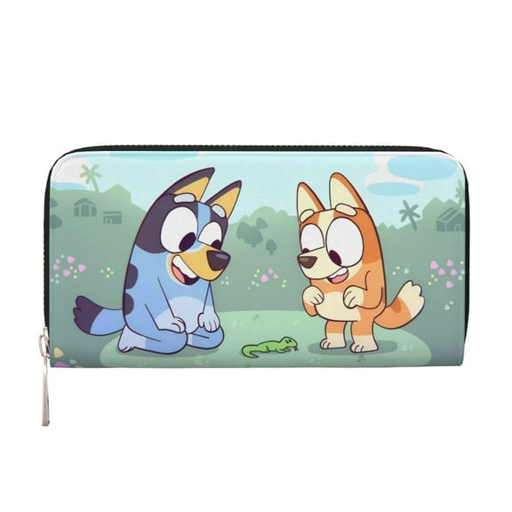 Lsque Bluey Pattern Leather Hand Wallet – Long PU Leather Wallet for Women with Zipper Closure, 8 Card Slots, Coin Pouch & Multiple Cash Compartments