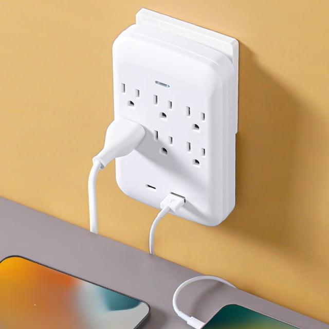 Cargador de pared con 6 tomas de corriente alterna, USB y USB-C – Enchufe portátil con múltiples orificios para uso en el hogar y la oficina – Diseño inalámbrico compacto
