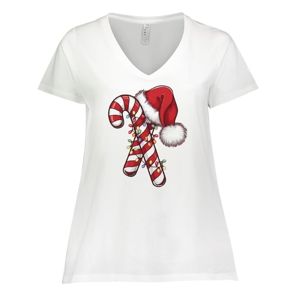 Inktastic Red and White Candy Cane Santa Christmas Funny Xmas Lights Women's Plus Size V-Neck T-Shirt