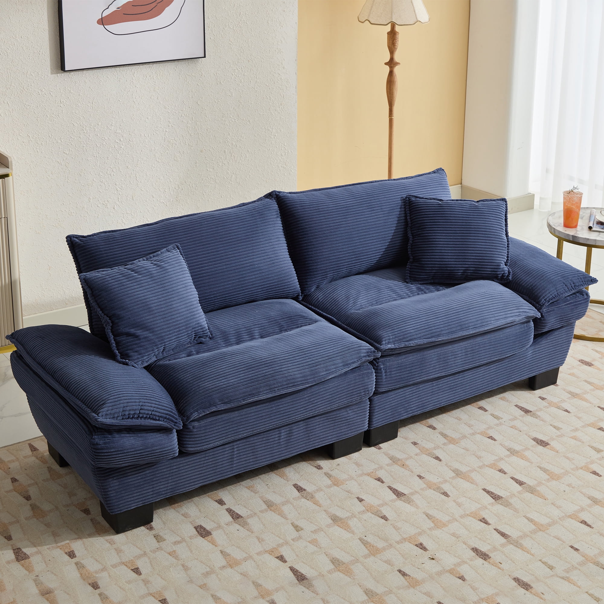 Aukfa 84" Deep Seat Sofa Modern Comfy Sofa Sleeper Couch for Living Room, 2 Pillows, Corduroy, Blue