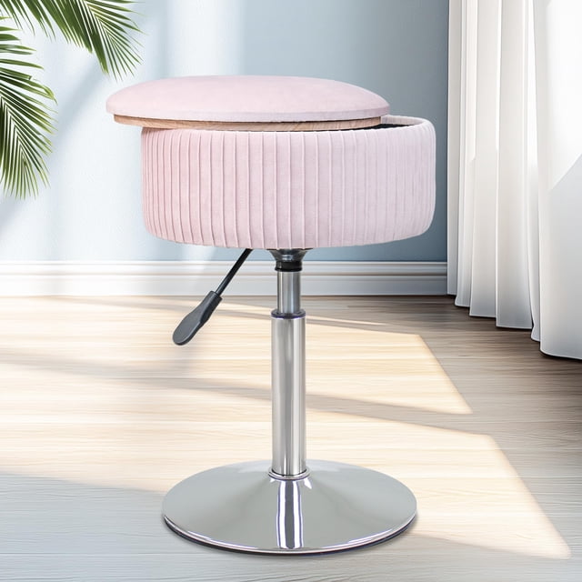 Taburete LITZFUR de terciopelo rosa con altura de almacenamiento ajustable