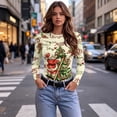 thumbnail image 4 of Slim Fit Women's Christmas Shirt Long Sleeve Crew Neck Holiday Graphic Tee for Festive Party Casual Everyday Wear, 4 of 7