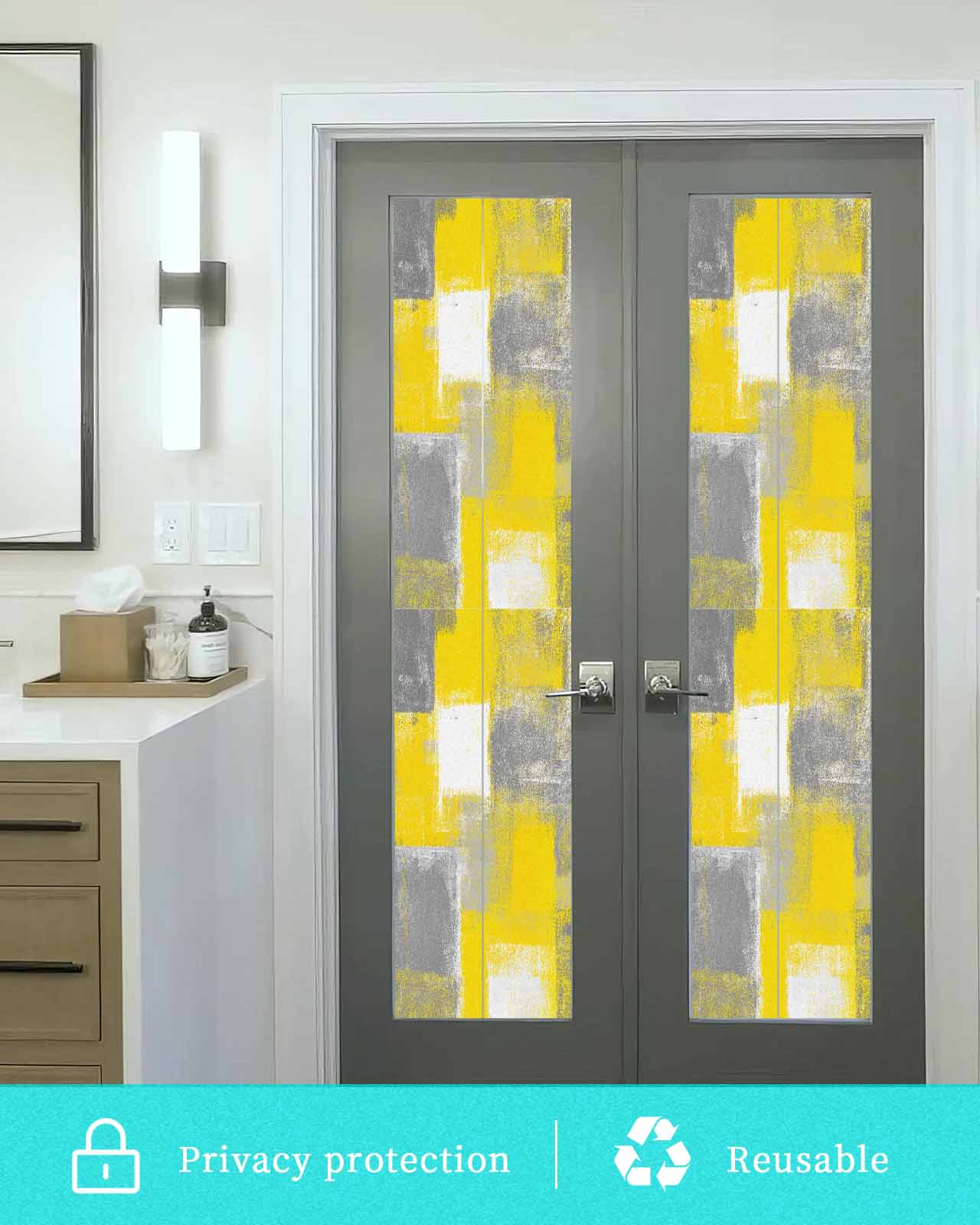 Window Privacy Film Yellow Grey Stained Glass Window Film Decorative Sun Block Window Cover Rustic Mottled Oil Painting Abstract Texture Window Clings Static Adhesive Sticker for Bathroom 23.6"x78.7"