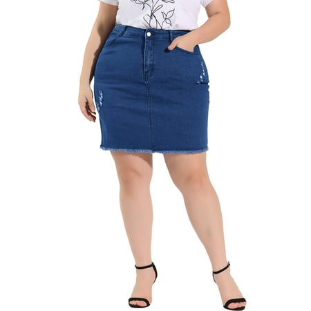 MODA NOVA Juniors Plus Size Skirts Casual Pockets Pencil Ripped Denim Skirt 1X Blue