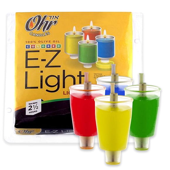 Pre-Filled Colored Menorah Oil Cup Candles - Hanukkah EZ Lights - 100% Olive Oil with Cotton Wick in Plastic Cup - Medium Size, 44 per Pack, Burns Approx. 2 1/2 Hrs