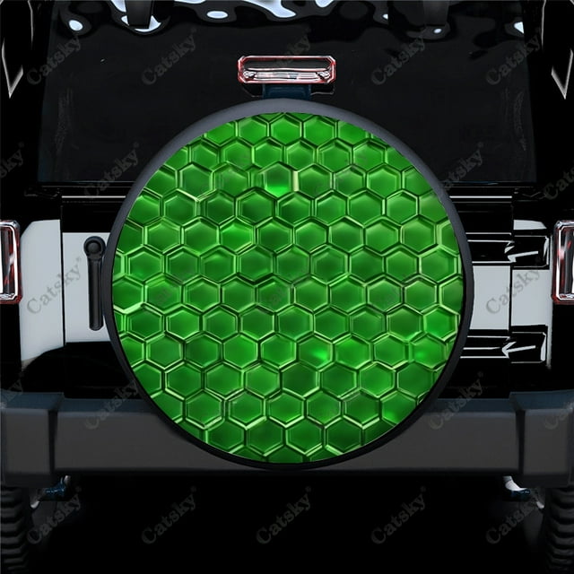 Abstract Green Hexagon Polyester Universal Spare Wheel Tire Cover Custom Tire-Covers for Trailer RV SUV Truck Camper