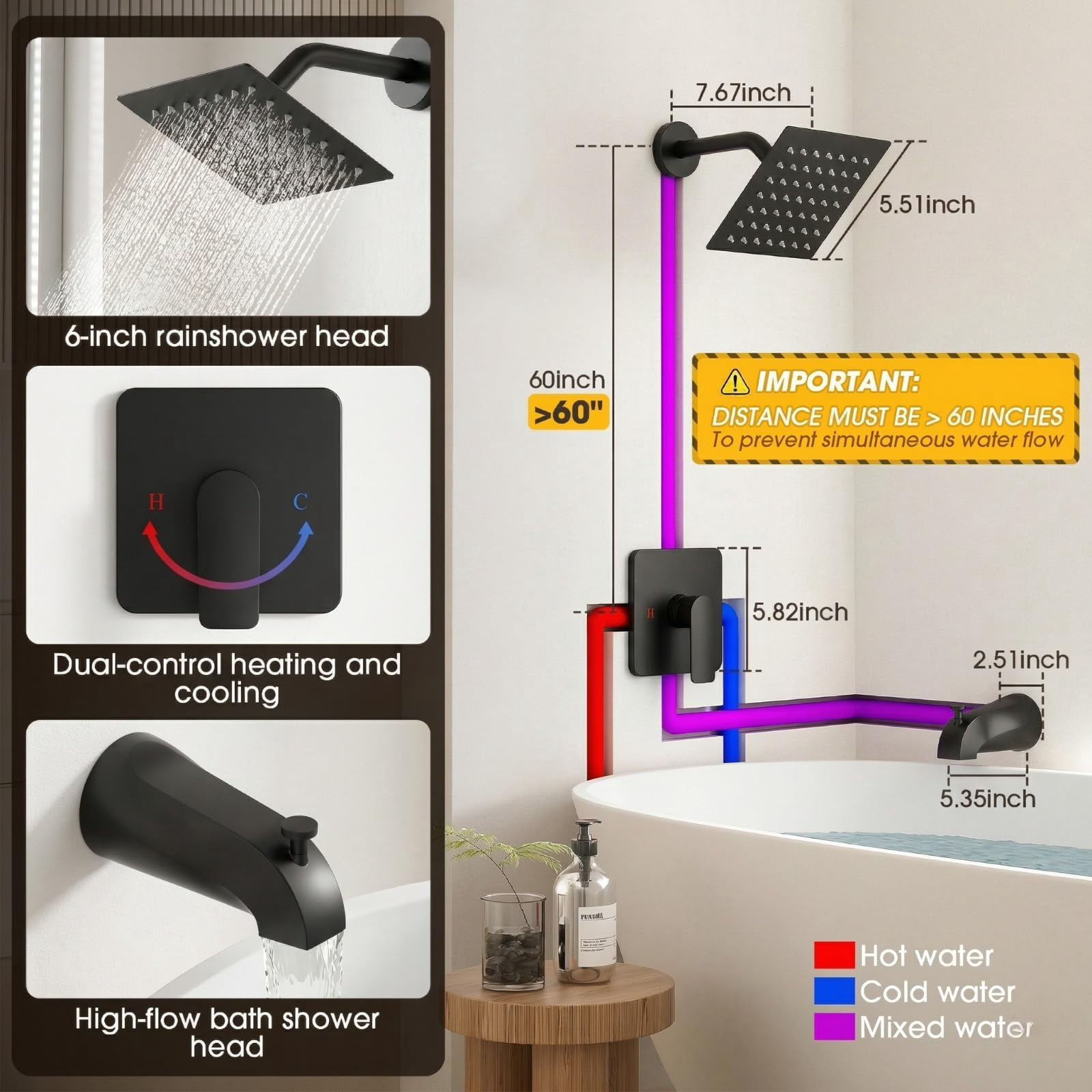 Shower Faucet Set Bathtub with Valve Included, 6 Inch Head, Black