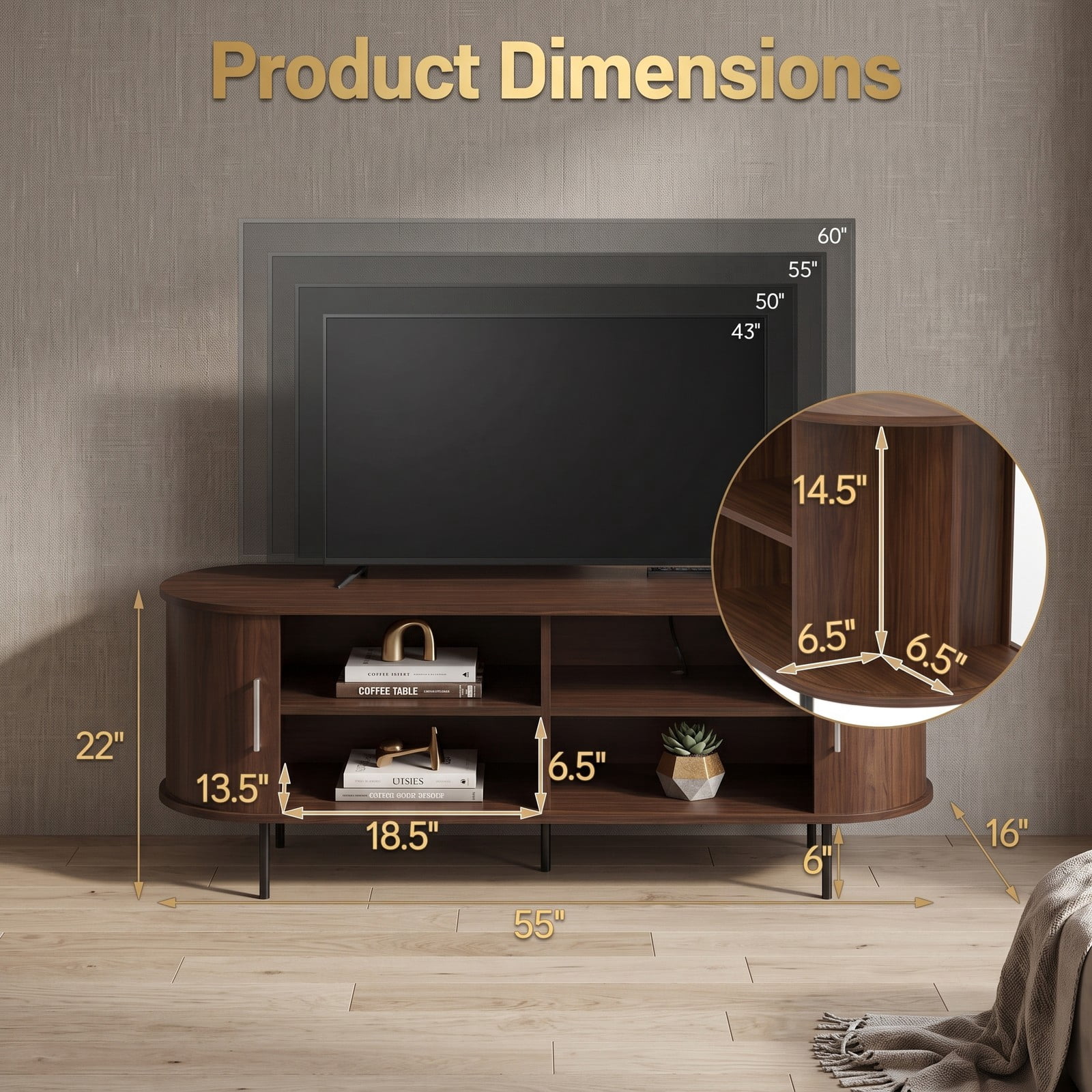 Furnibear Fluted TV Stand for TVs up to 60 Inch, Mid Century Modern Curved Entertainment Center with Open Storage Shelves, Wood Media Console Table for Living, Walnut