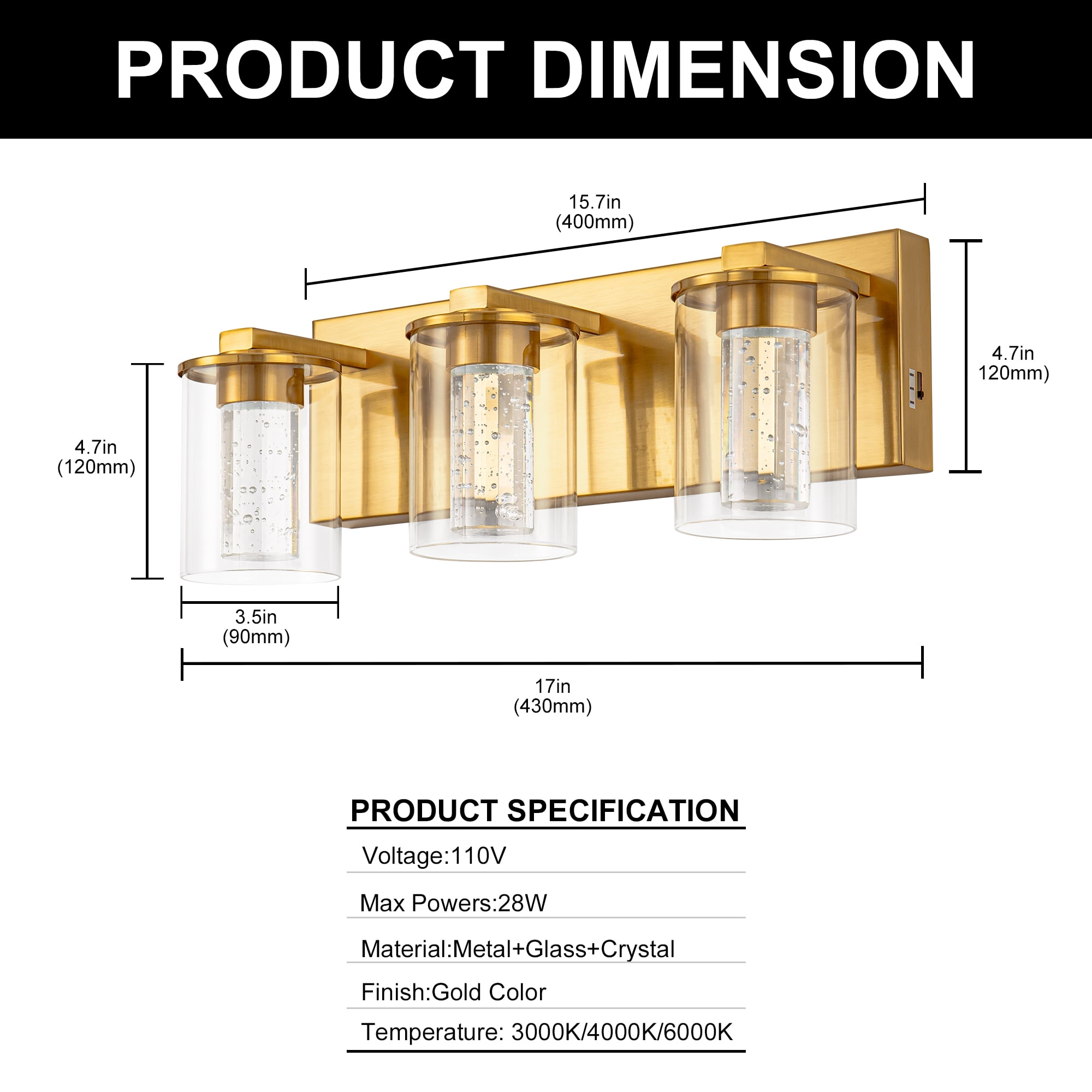 Briignite 3-Light Brushed Gold Vanity Lamps, Clear Glass with Crystal Column, Dimmable Bathroom Light Fixture for Hallway, Kitchen, Bedroom, and Living Room