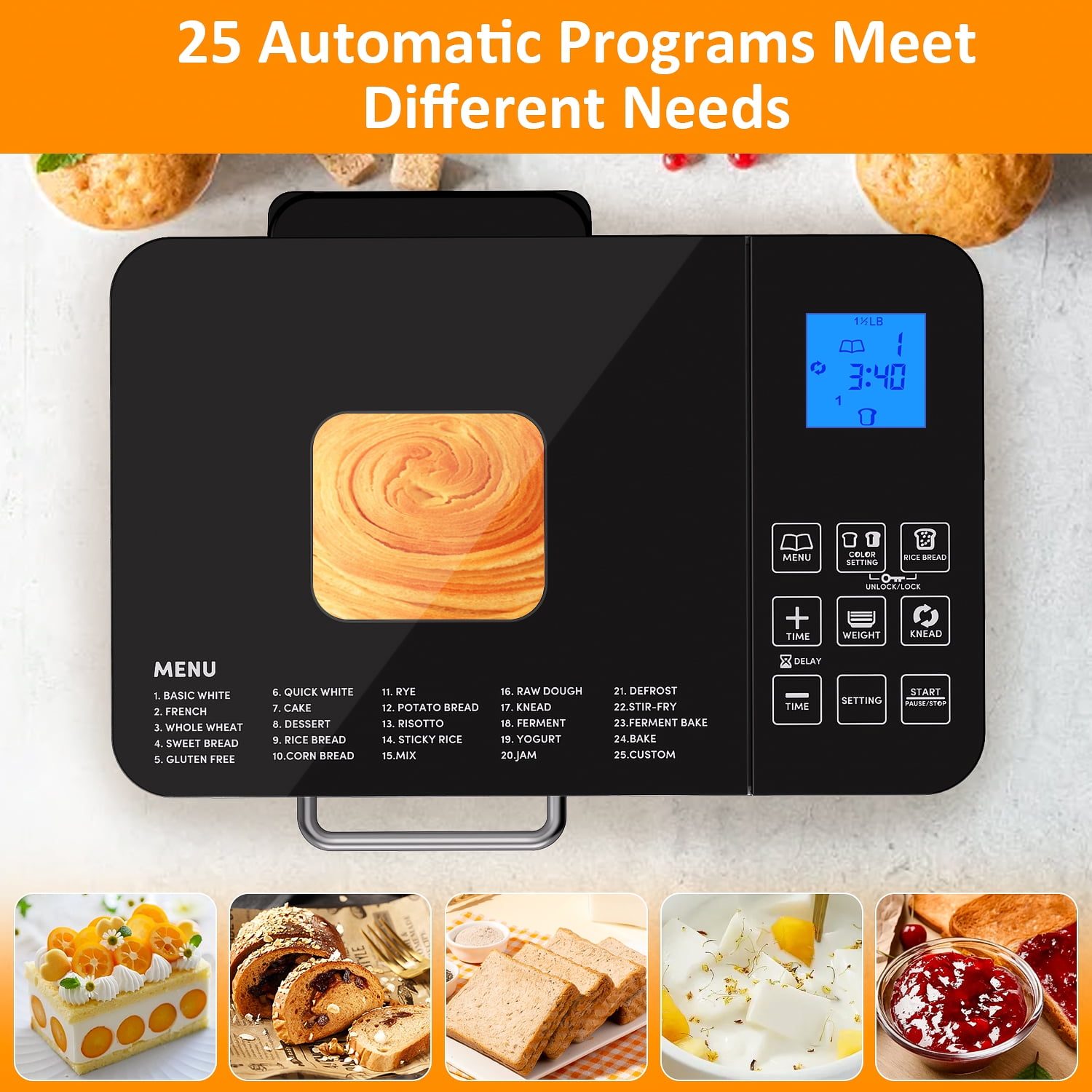 TINANA 25-in-1 Stainless Steel Bread Maker Machine, 2 LB Wheat Bread Making Machine with Recipes, Dough & Bread Machine with 15 H Timer & 1 H Keep Warm