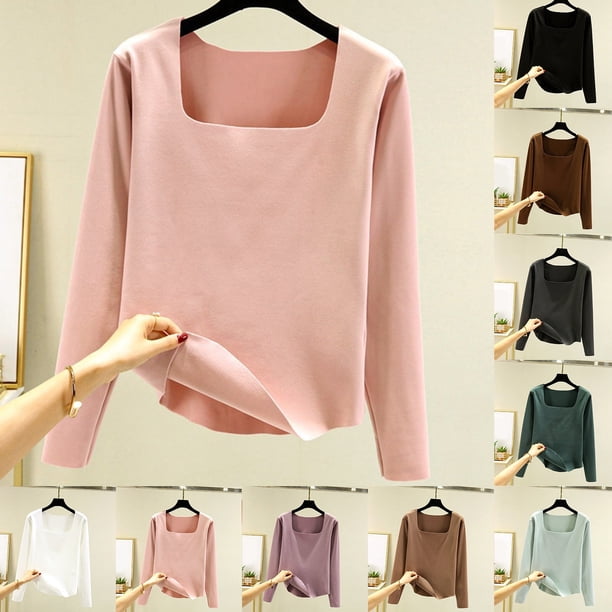 Hanzidakd - Camiseta térmica de manga larga con cuello cuadrado y corte entallado para mujer, color liso, para otoño e invierno, color morado, talla L