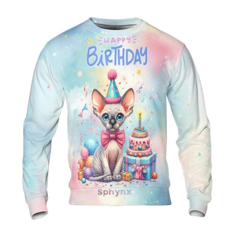 Happy Birthday Cute Kitten Sphynx with Cake Gifts Party Hat All Over Print 3D Sweatshirt Unisex Merch Cat Lover Kitten Owner Gifts Idea - 00029