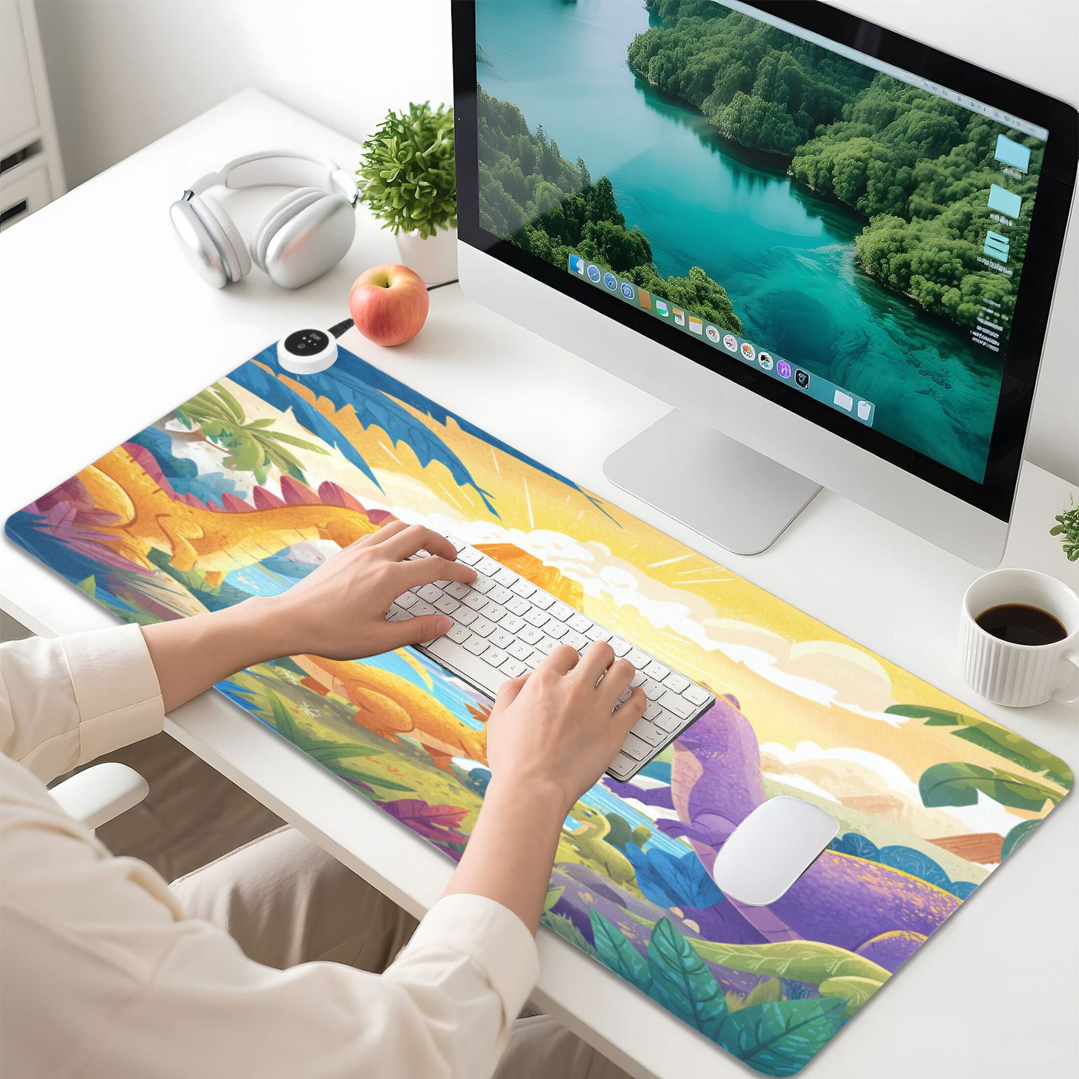 Large Heated Desk Mat Mouse Pad 31.5"x13"PU Leather Graphene Heating Desk Warmer with 3 Temperature Settings 110V US Plug Non-Slip Warm Pad for Home, Office, and Gaming Cute Dinosaur Volcano Scene