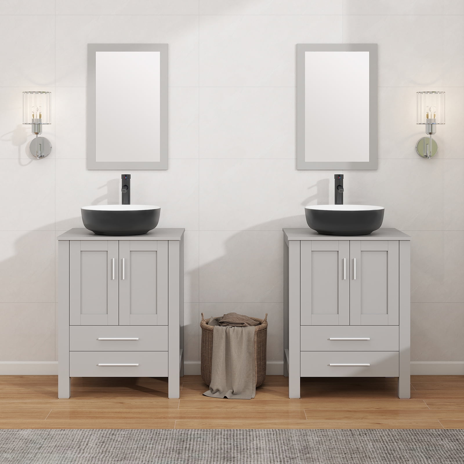 ELECWISH 24-Inch Bathroom Vanity in Gray with Mirror and Round Sink Set, Modern Stand Pedestal Cabinet with White/Black Ceramic Sink Set