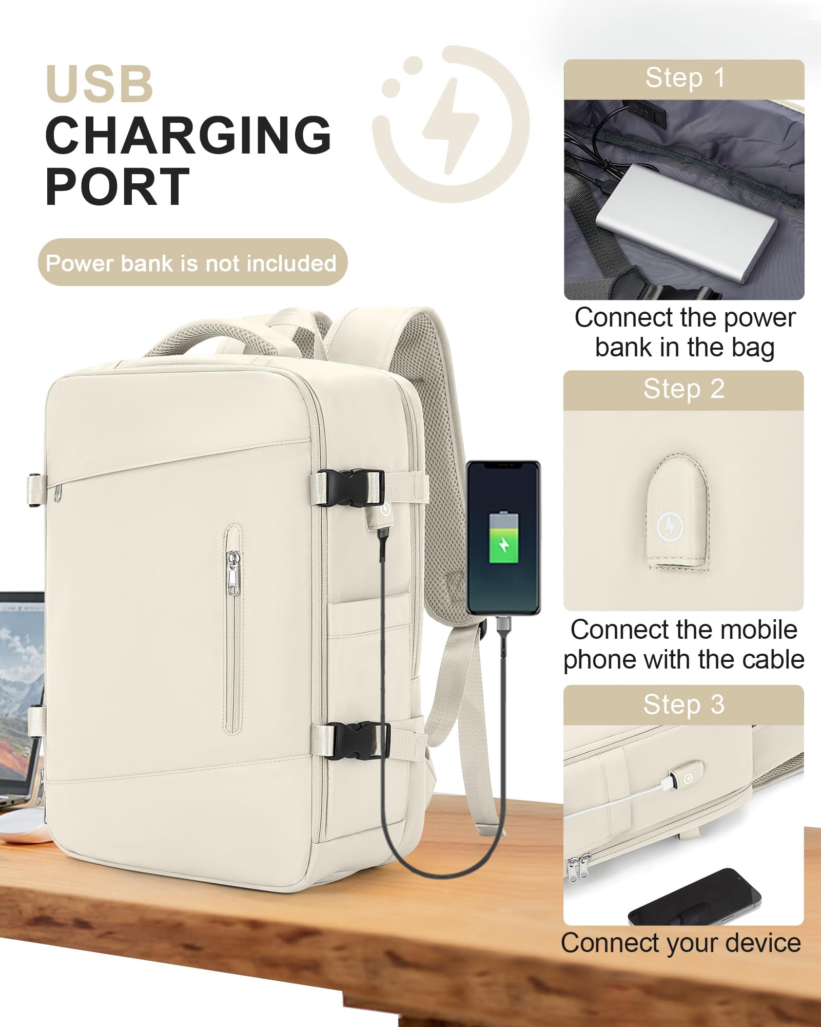 DAKIMOE Large Travel Backpack for Adults Carry on Laptop Backpack Flight Approved Waterproof College Bag with USB Charging Port & Shoe Pouch Casual Daypack for Women Men for Weekender Business, Beige