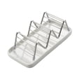 thumbnail image 2 of Estante de jabón de acero inoxidable en forma de W con bandeja de goteo de cerámica, estante de almacenamiento no perforado para encimera de baño, blanco, 2 of 6