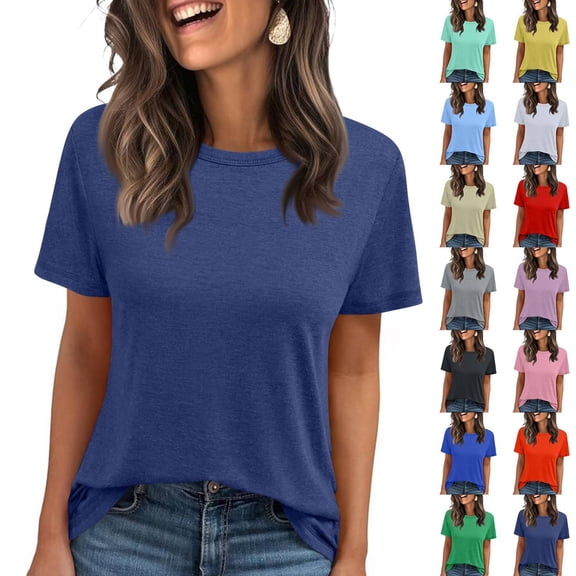 Short Sleeve T Shirts Women's Summer Crewneck Solid Color Tees Casual Basic Tops Navy S