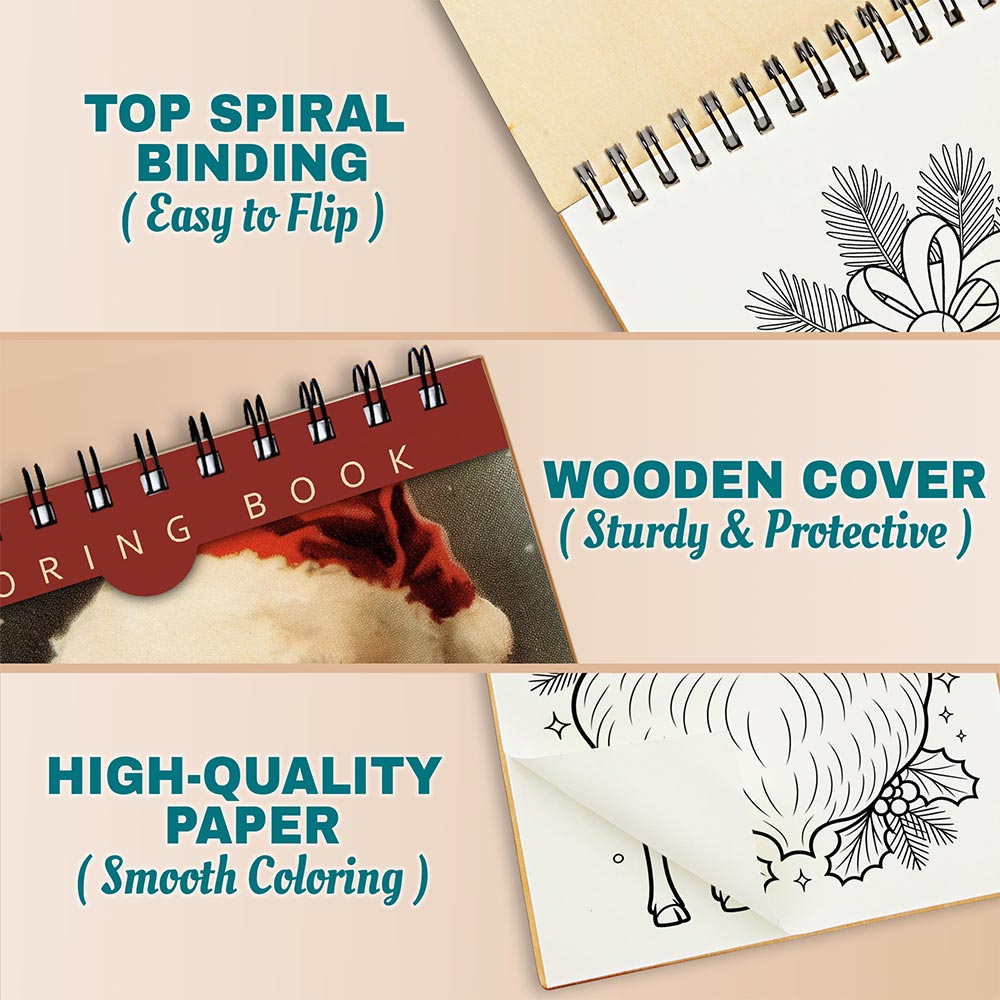 Netecom Large Print Christmas Coloring Book Spiral Bound for Adults, A5 Wooden Cover, 30 Elegant Coloring Pages of Cute Decorating the Christmas Tree for Stress Relief and Relaxation