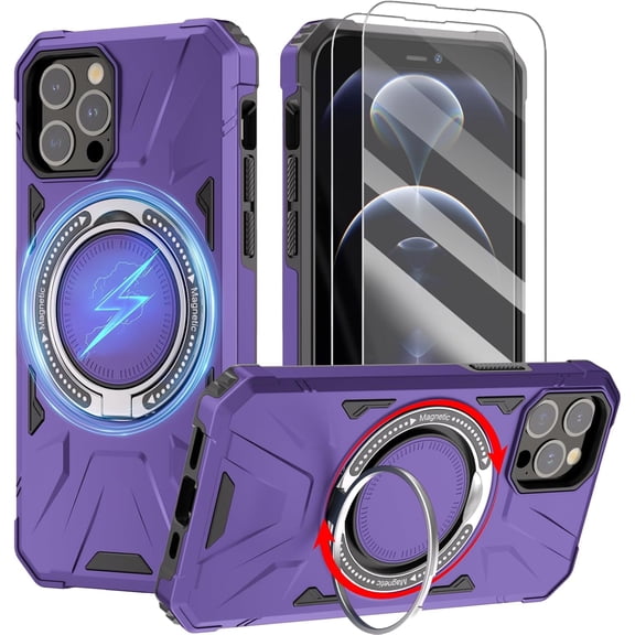Magnetic for iPhone 12 Pro Max Case with Stand [Compatible with MagSafe]   Screen Protector[2 Pack], Military Shockproof Cover Rugged Phone Case, Built in 360° Rotatable Ring Kickstand, Purple