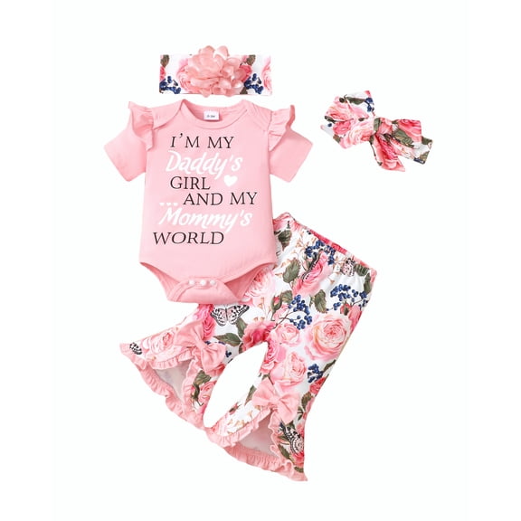 Kucnuzki Infant Baby Girls Summer Outfits 12-18 Months Causal Clothes Sets Ruffle Short Sleeves Bodysuit Top Letter Print Top Floral Flared Pants with 2pcs Headbands 4pcs Pink