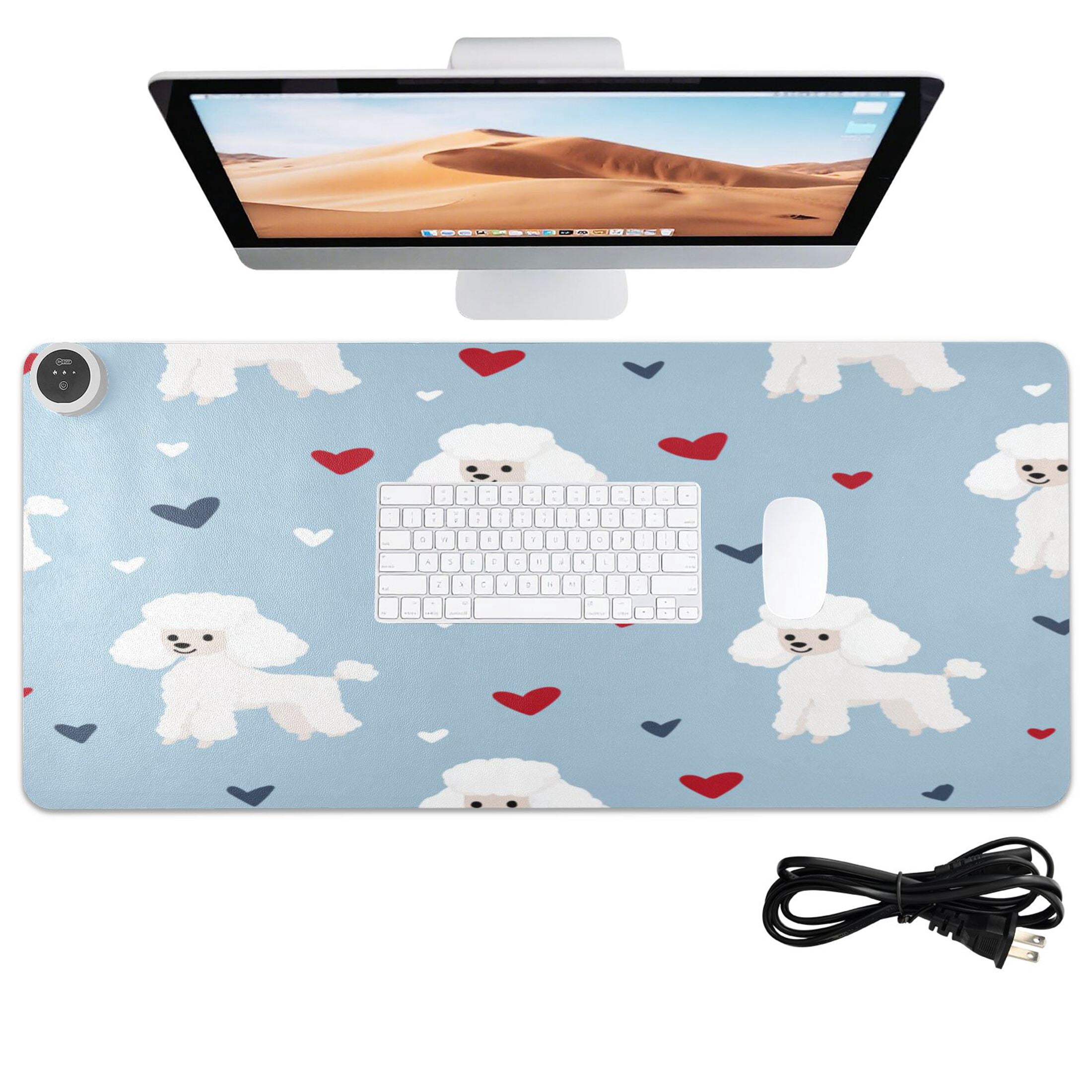Large Heated Desk Mat Mouse Pad 31.5"x13"PU Leather Graphene Heating Desk Warmer with 3 Temperature Settings 110V US Plug Non-Slip Warm Pad for Home, Office, and Gaming Cute Sweet Poodle Hearts